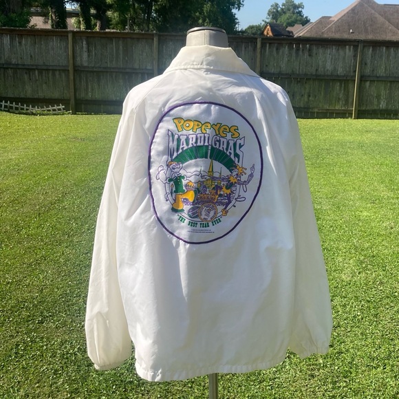 Popeyes Chicken 1987 Mardi Gras white nylon windbreaker jacket XL Vintage FUC - Picture 1 of 13